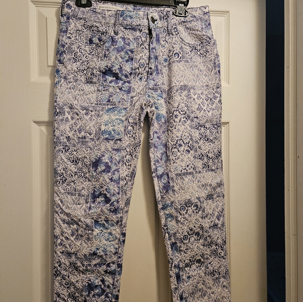 Pilcro and the Letterpress Blue and White Patterned Jeans